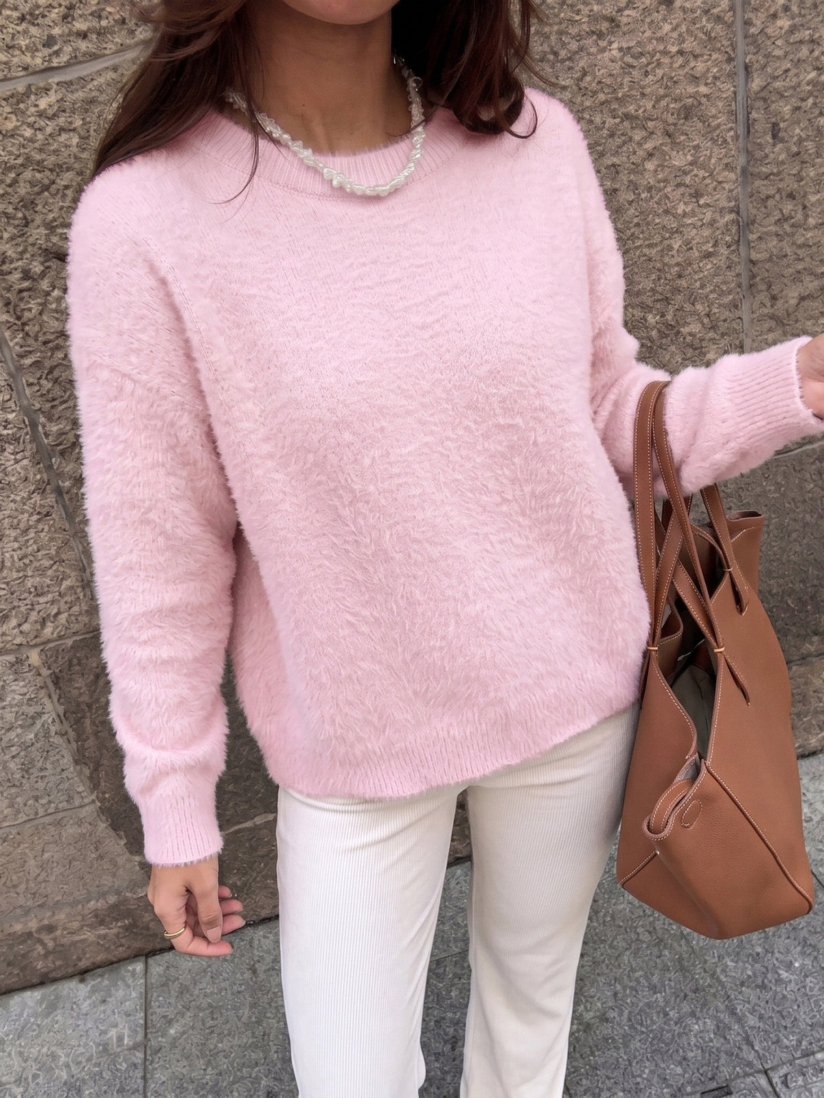 Margo & Main pink plush faux mink crew neck sweater — relaxed fit over white jeans, US women's sizes