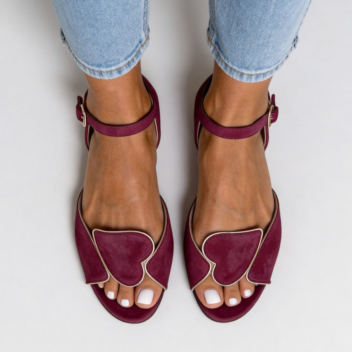 Margo & Main burgundy heart cutout sandals — overhead view of the buckled ankle strap, US women's sizes