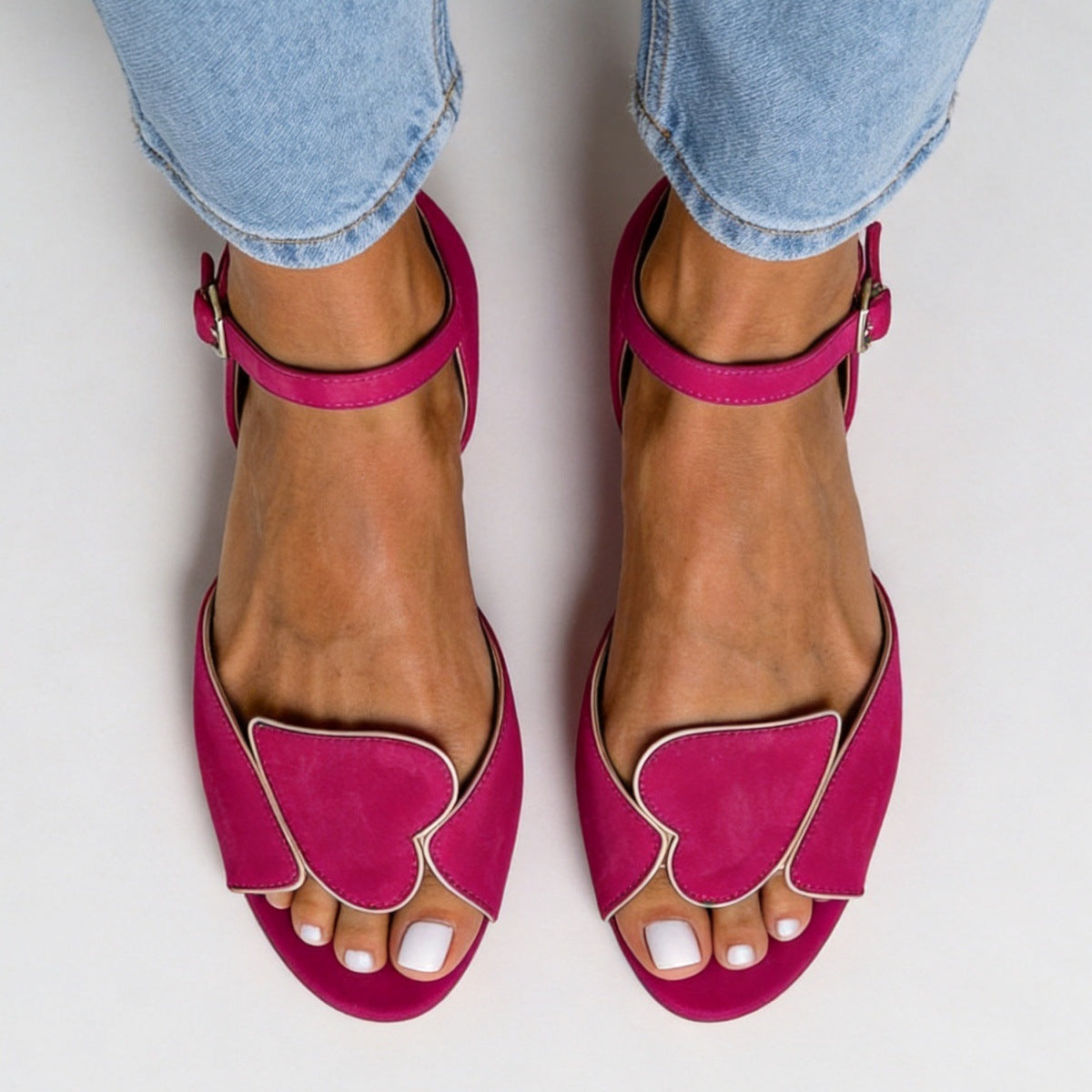 Margo & Main fuchsia heart cutout sandals — overhead view of the piped heart vamp, US women's sizes