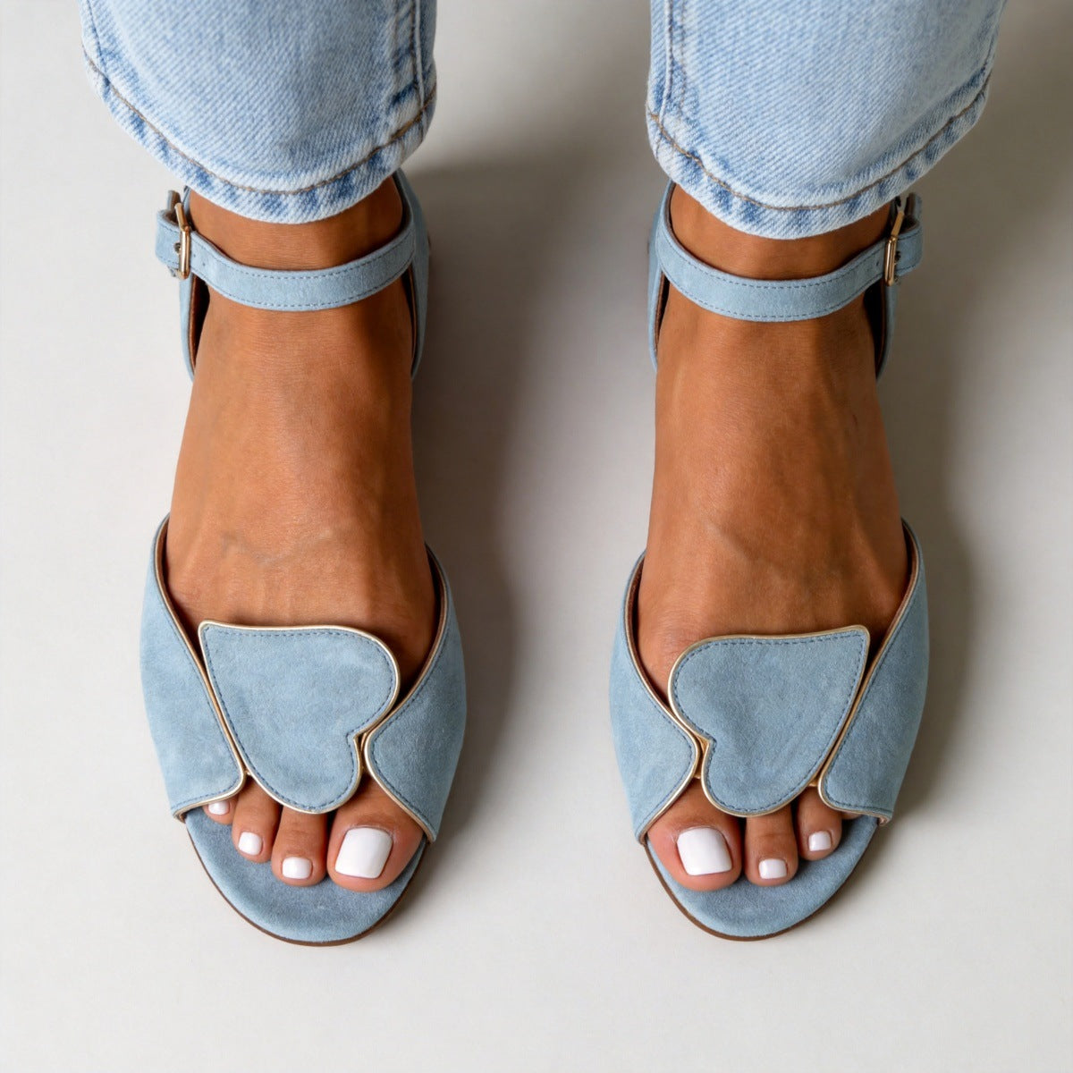 Margo & Main light blue heart cutout sandals — overhead view of the pale suede vamp, US women's sizes