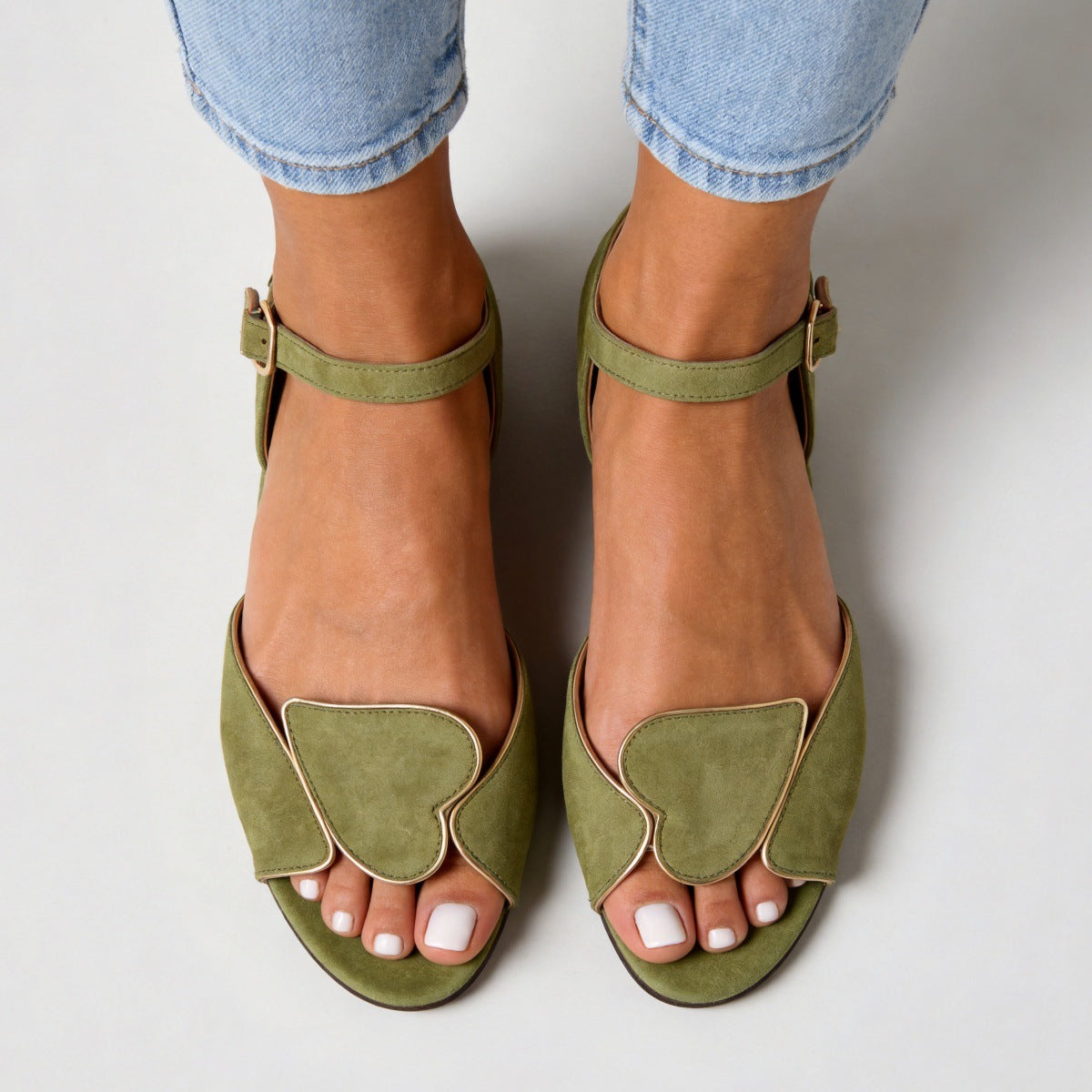 Margo & Main olive heart cutout sandals — overhead view of the cutout and strap, US women's sizes