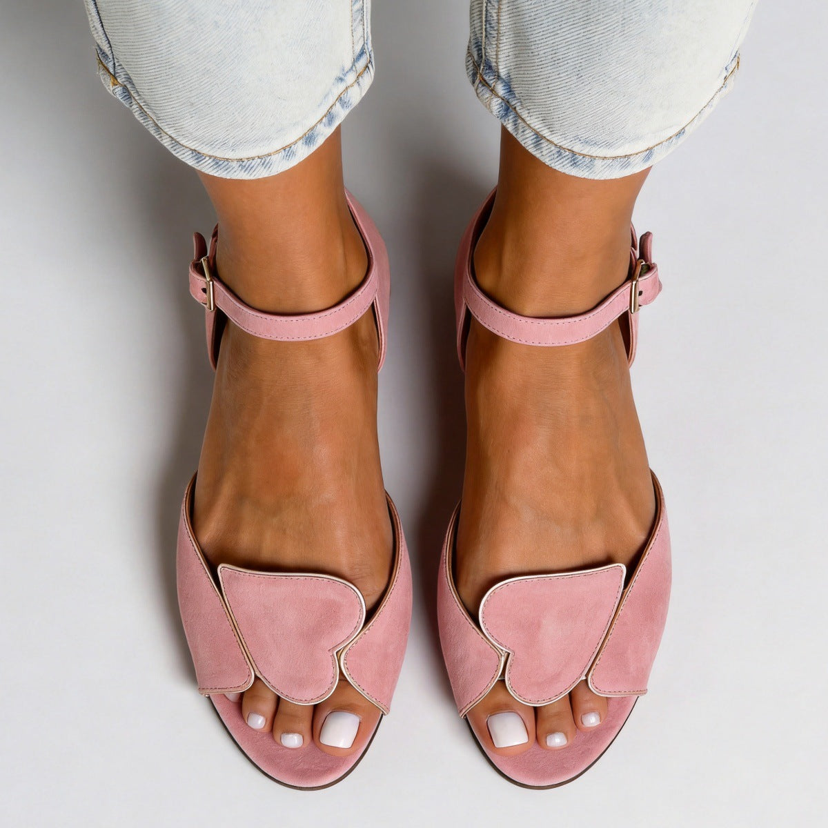 Margo & Main pink heart cutout sandals — overhead view of the suede heart vamp, US women's sizes