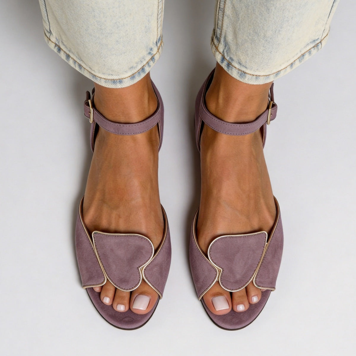 Margo & Main purple heart cutout sandals — overhead view of the vamp and ankle strap, US women's sizes
