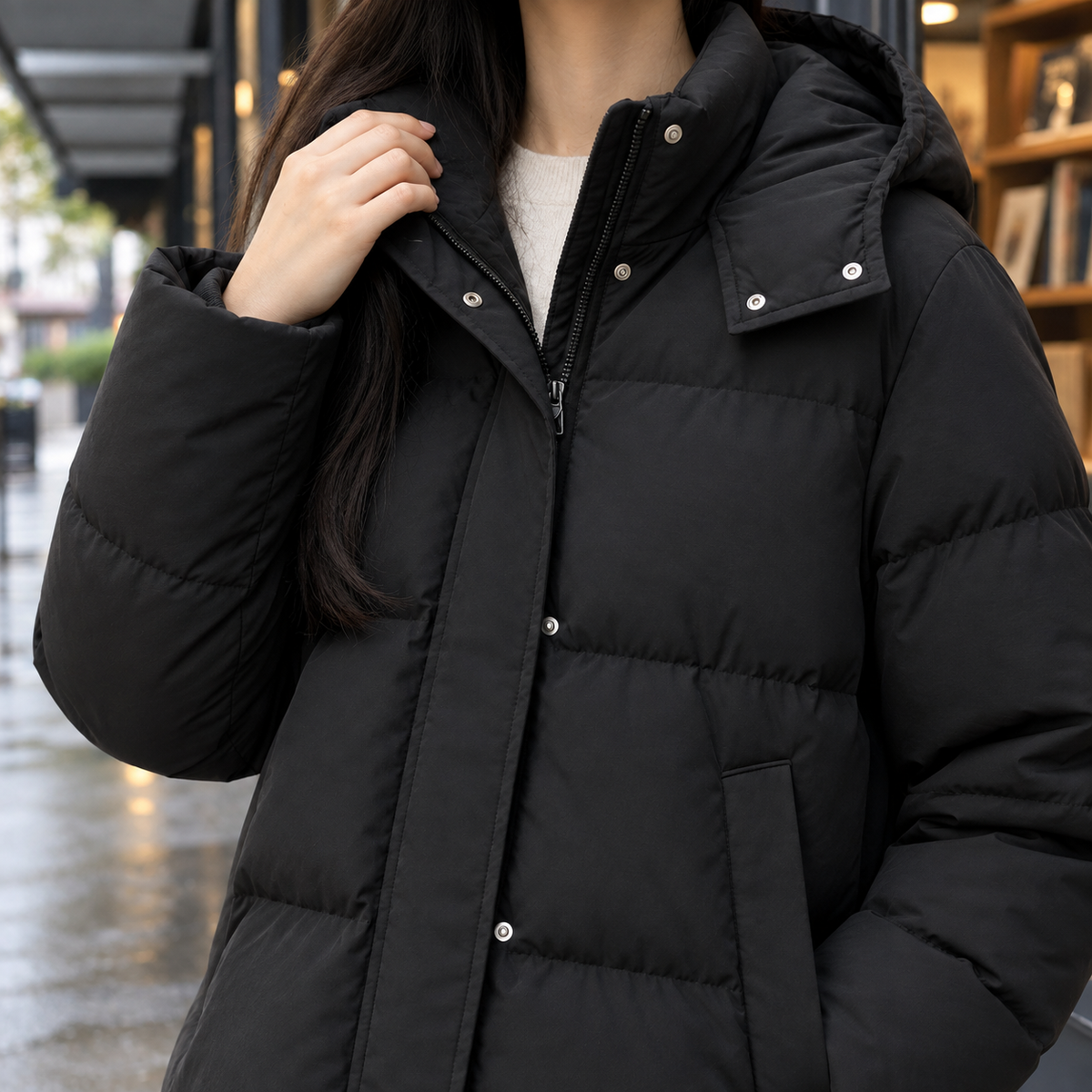 Margo & Main black hooded puffer jacket — close-up of the zip and padded stand collar, US women's sizes
