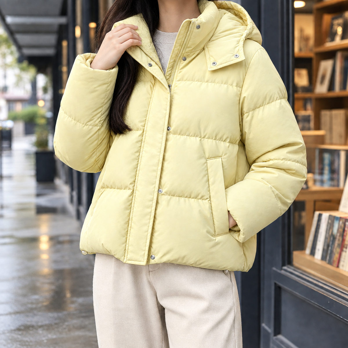 Margo & Main butter yellow hooded puffer jacket — front view of the cropped zip front, US women's sizes