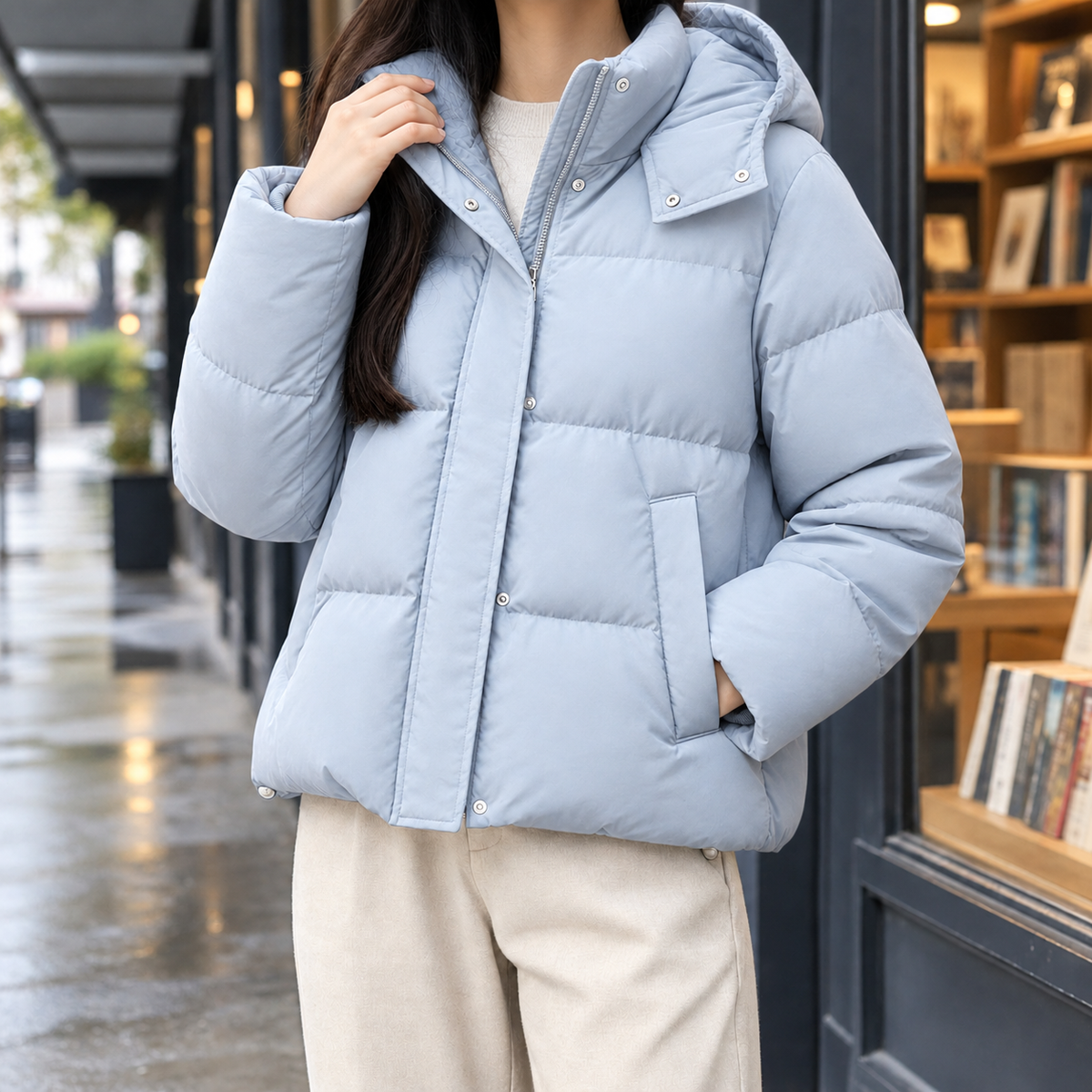 Margo & Main sky blue hooded puffer jacket — front view with the hood and side pockets, US women's sizes