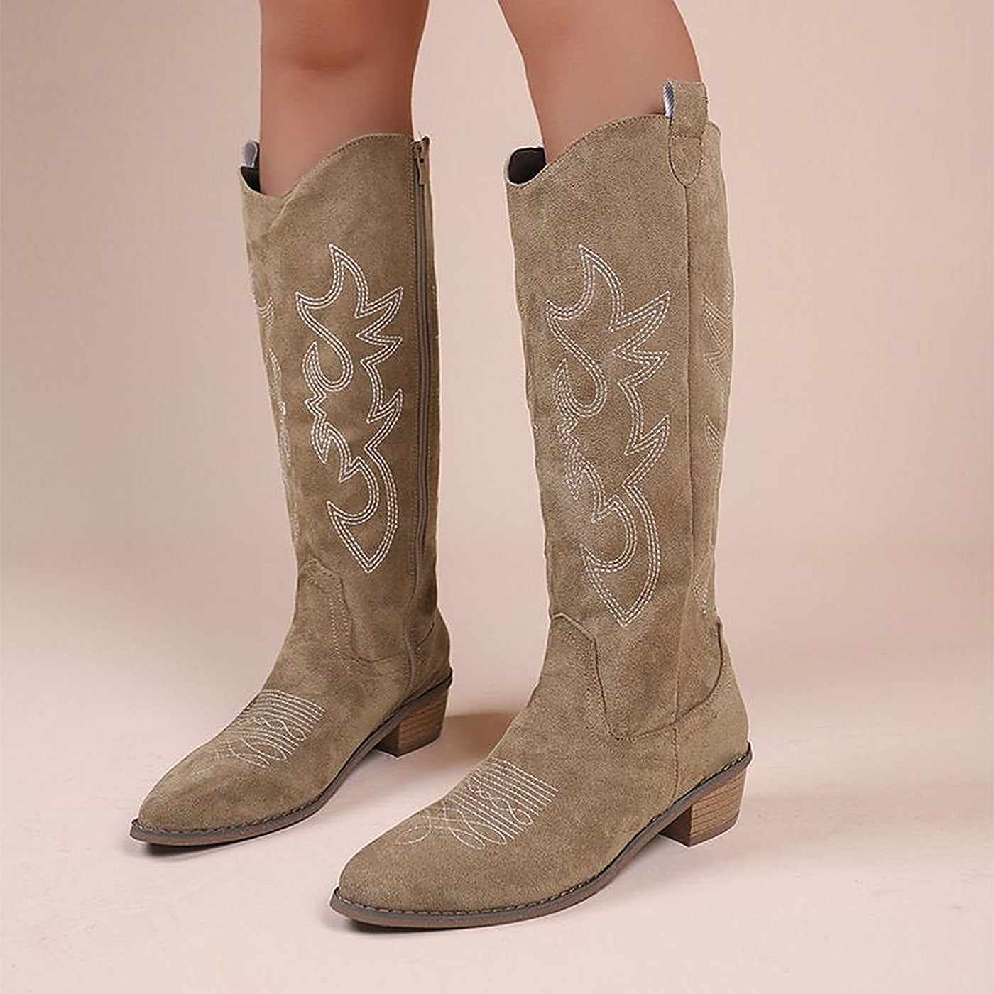 Margo & Main - tan western boots side profile with stacked block heel, US women's sizes