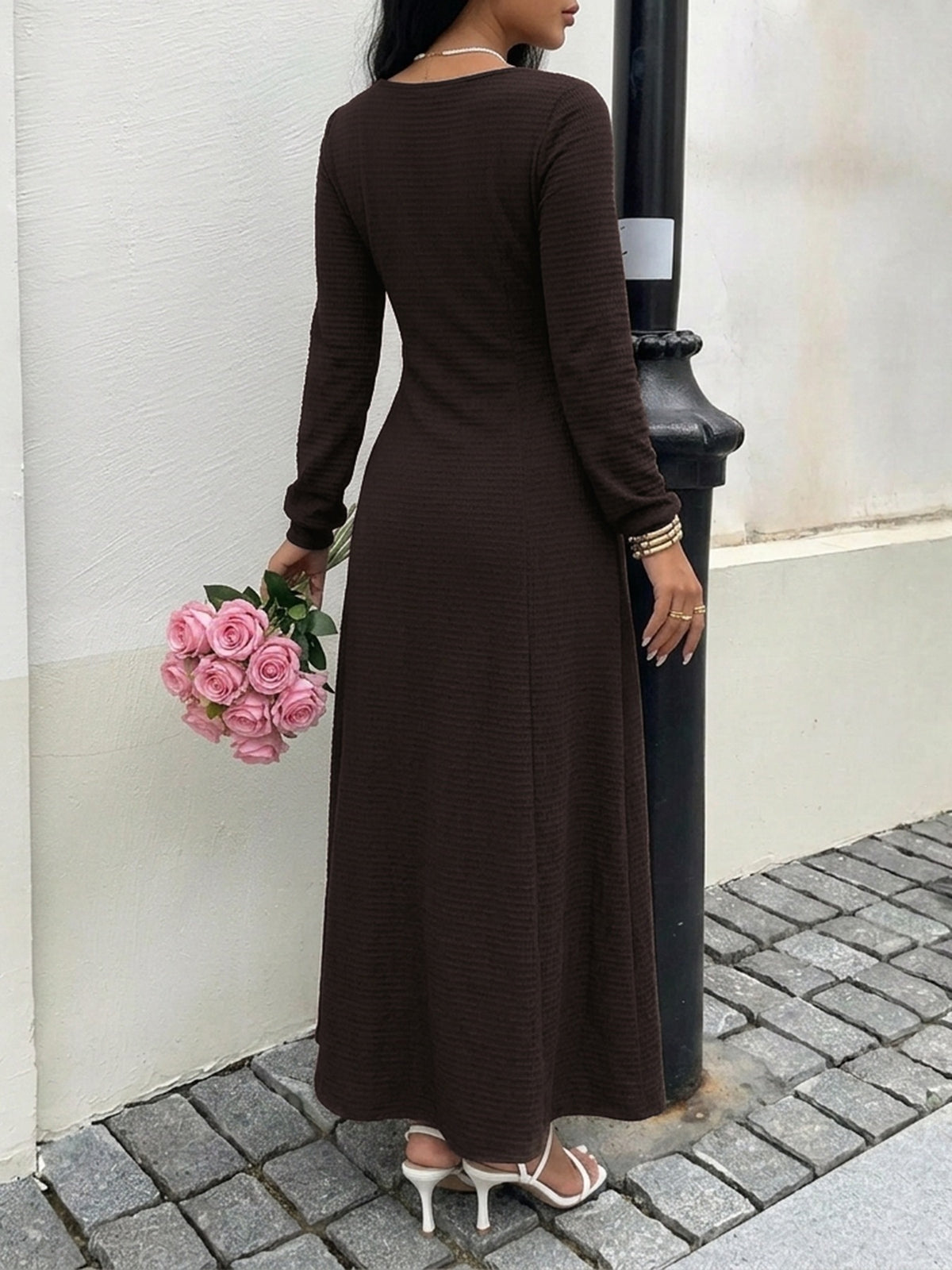 Margo & Main chocolate textured knit maxi dress — back view of the fitted bodice, US women's sizes
