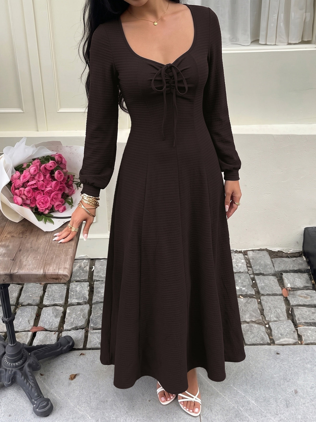 Margo & Main chocolate textured knit maxi dress — full-length front view of the flared hem