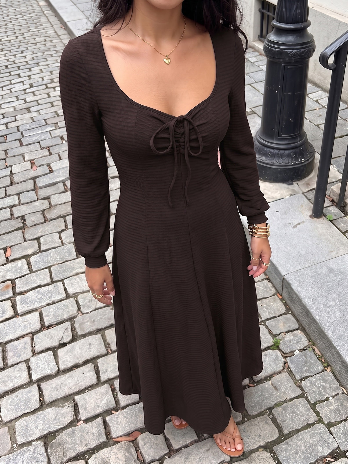 Margo & Main chocolate textured knit maxi dress — close view of the tie front scoop neck, US women's sizes