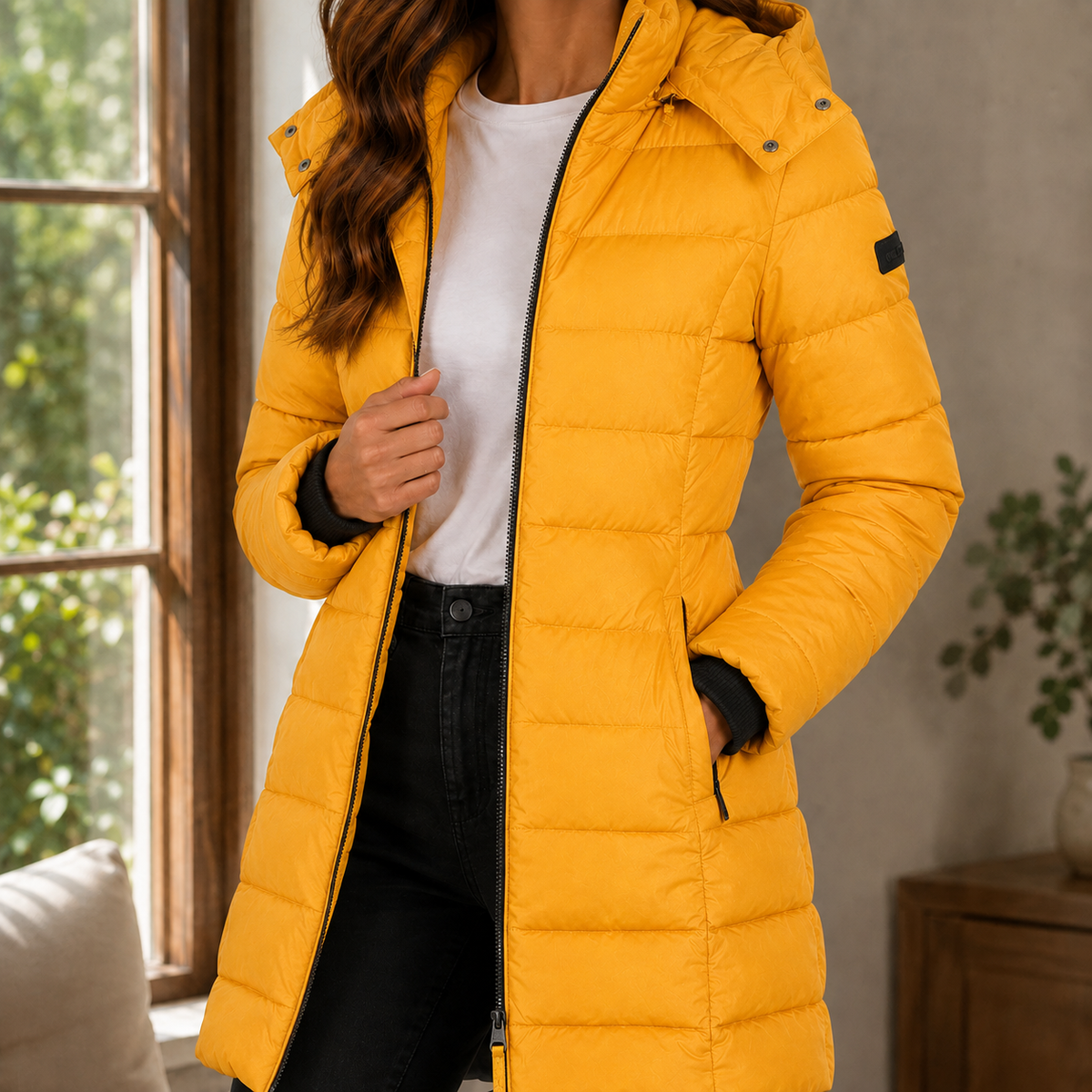 Margo & Main marigold longline puffer coat — front view of the hooded zip front, US women's sizes
