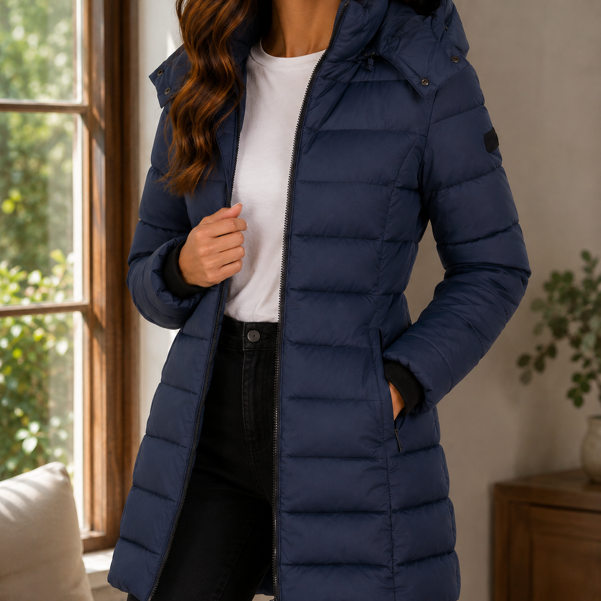 Margo & Main navy longline puffer coat — front view worn open with the hood down, US women's sizes