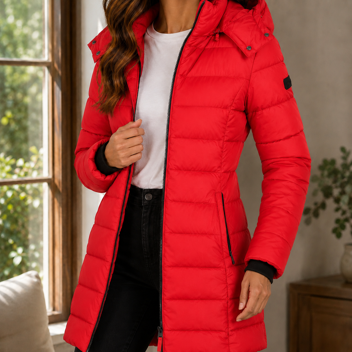 Margo & Main red longline puffer coat — front view worn open over a white top, US women's sizes