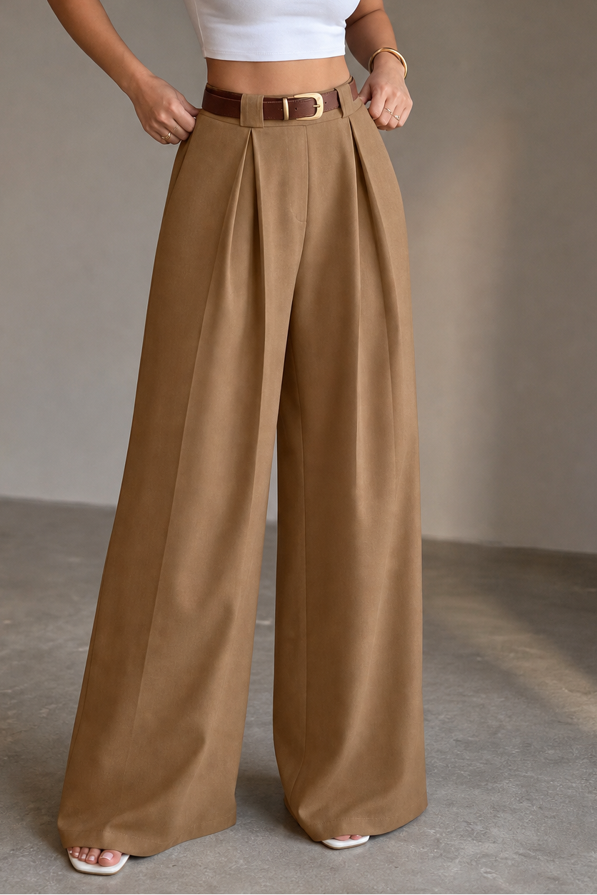 Margo & Main - Maret camel palazzo pants, full front view on model, US women's sizes