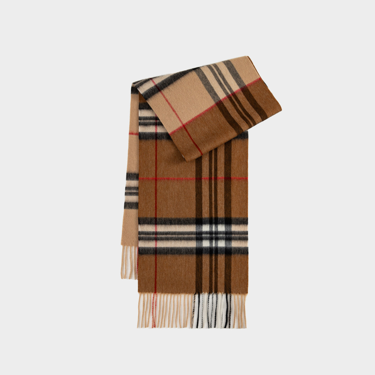 Margo & Main camel plaid lamb wool scarf — folded shot of the camel plaid and knotted fringe
