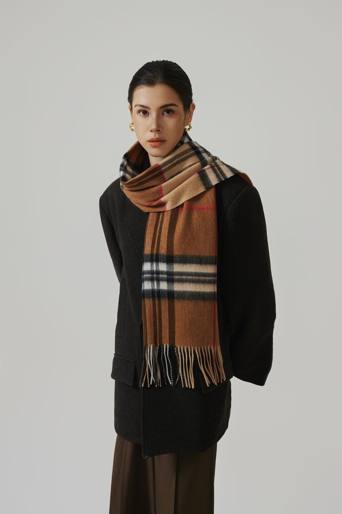 Margo & Main camel plaid lamb wool scarf — full-length view styled over a black wool coat