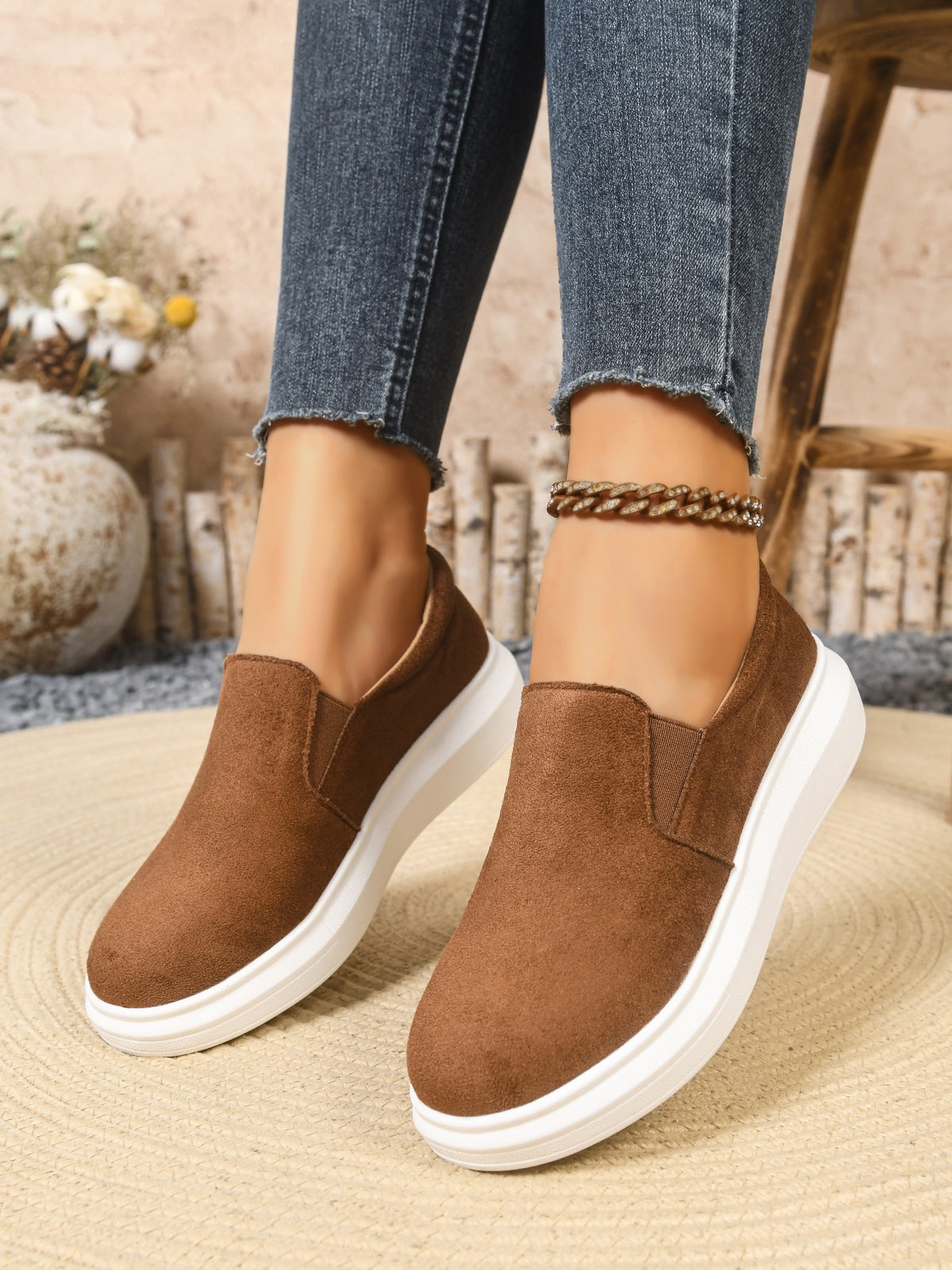 Margo & Main brown suede-look platform slip-on sneakers — front view of the elastic side gores