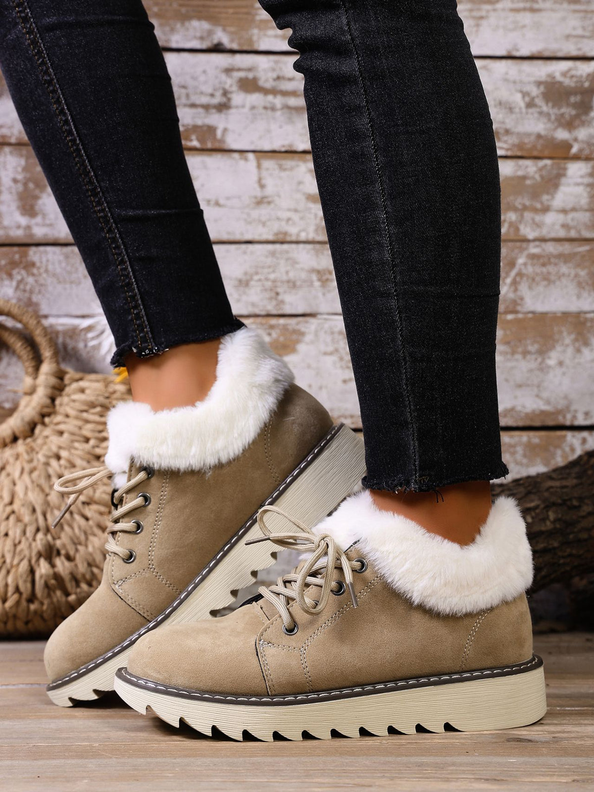 Margo & Main khaki plush cuff lace-up platform booties — worn front view of the faux fur cuff