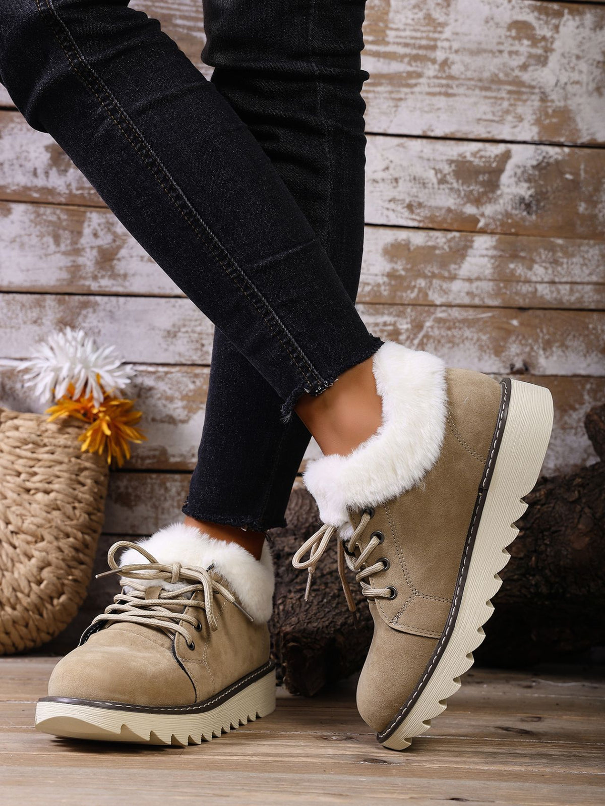 Margo & Main khaki plush cuff lace-up platform booties — side view of the lace-up front and sole