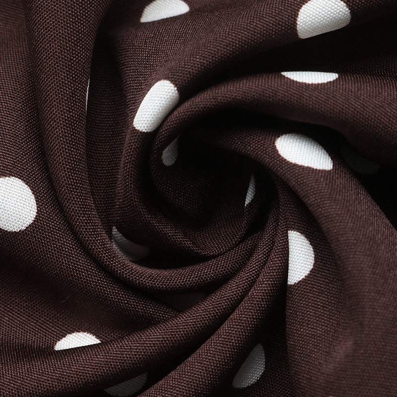 Margo & Main brown polka dot maxi dress — close-up of the white dots on the brown fabric