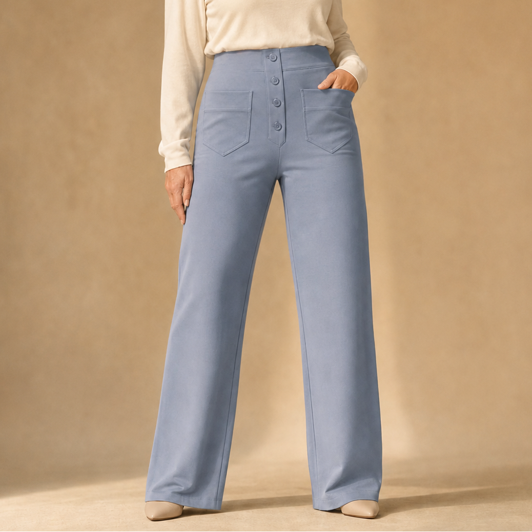 Margo & Main - Femke gray pull-on pants, full-length front view on model, US women's sizes
