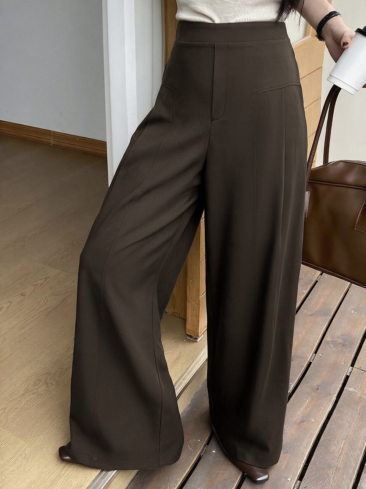 Margo & Main brown high-waist pull-on wide-leg trousers — side view of the full wide leg, US women's sizes