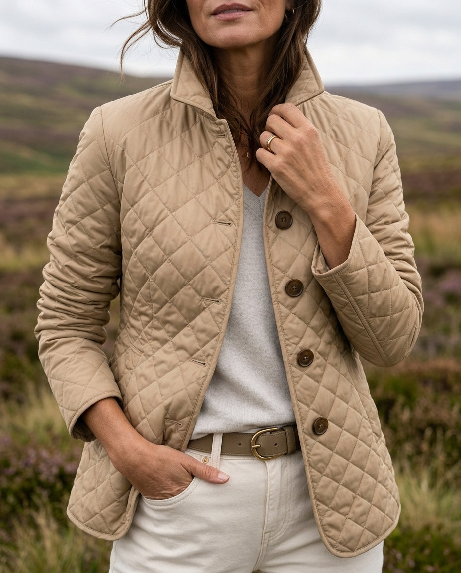 Margo & Main beige diamond quilted jacket — front view with the check lined cuffs, US women's sizes