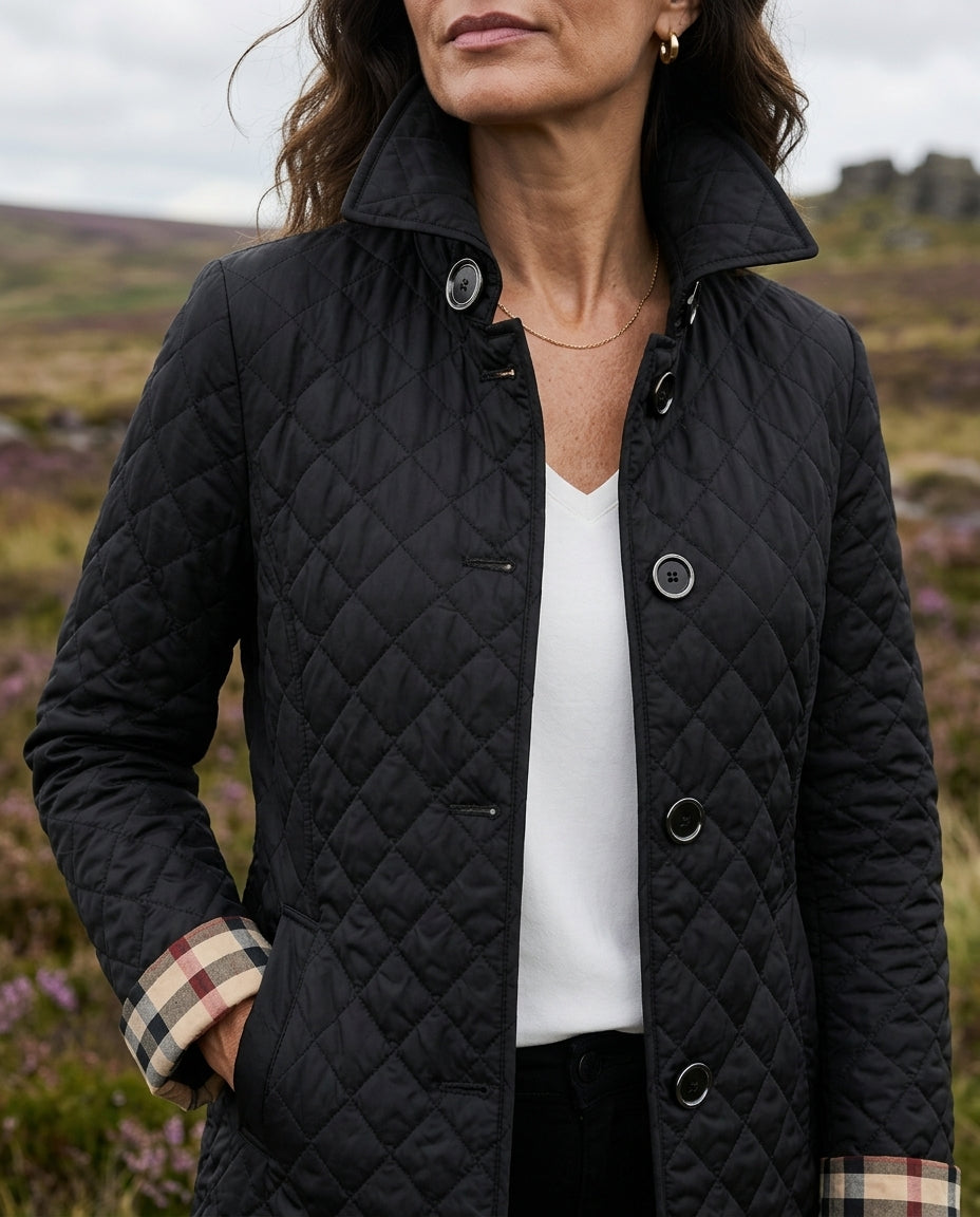 Margo & Main black diamond quilted jacket — close-up of the collar, snaps and check cuff, US women's sizes