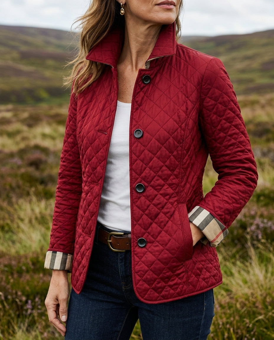 Margo & Main claret diamond quilted jacket — front view of the stand collar and buttons, US women's sizes