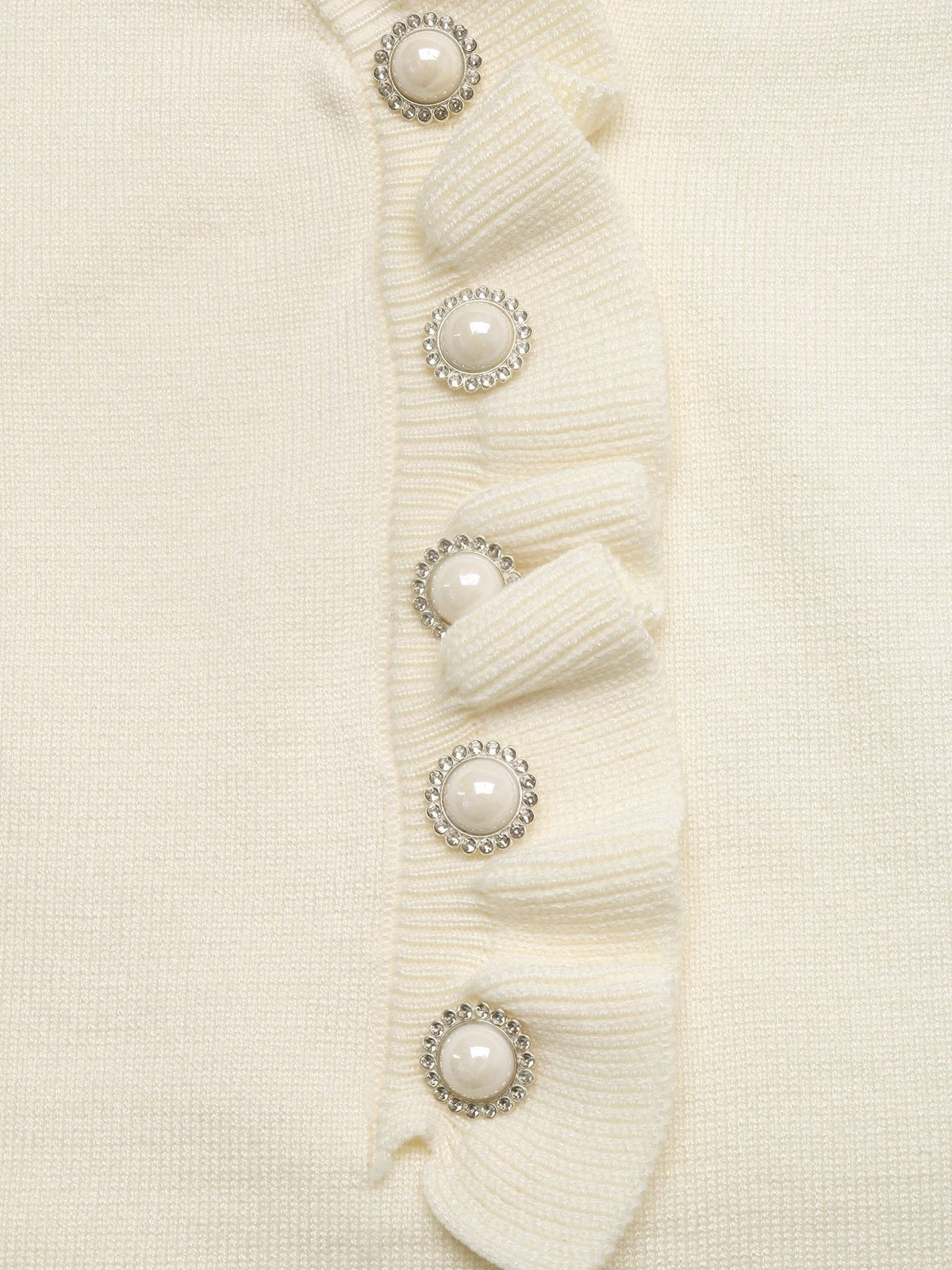 Margo & Main cream ruffle trim V-neck knit sweater — close-up of the jeweled pearl buttons and ruffles
