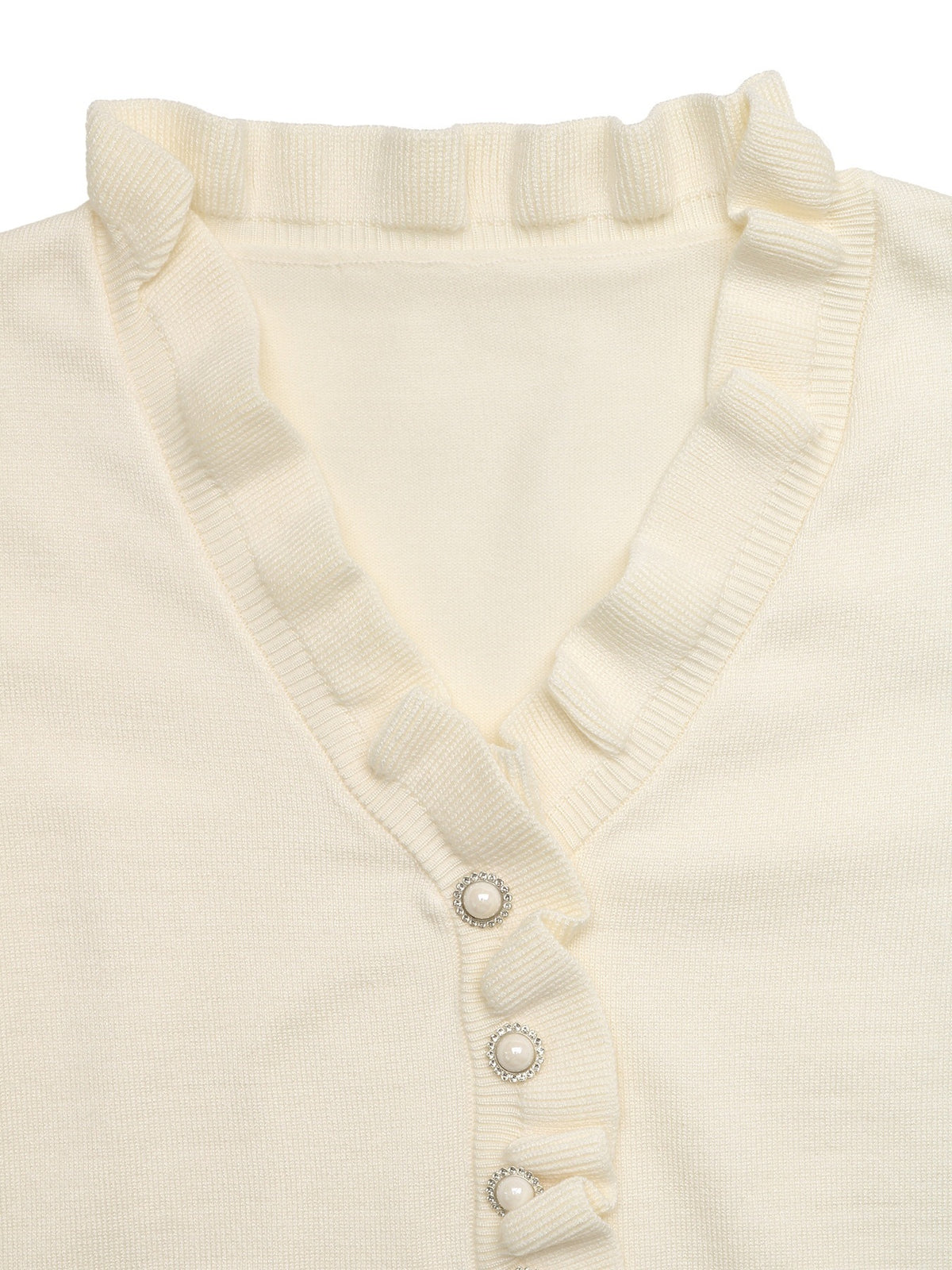 Margo & Main cream ruffle trim V-neck knit sweater — close-up of the ruffle V-neckline and pearl buttons