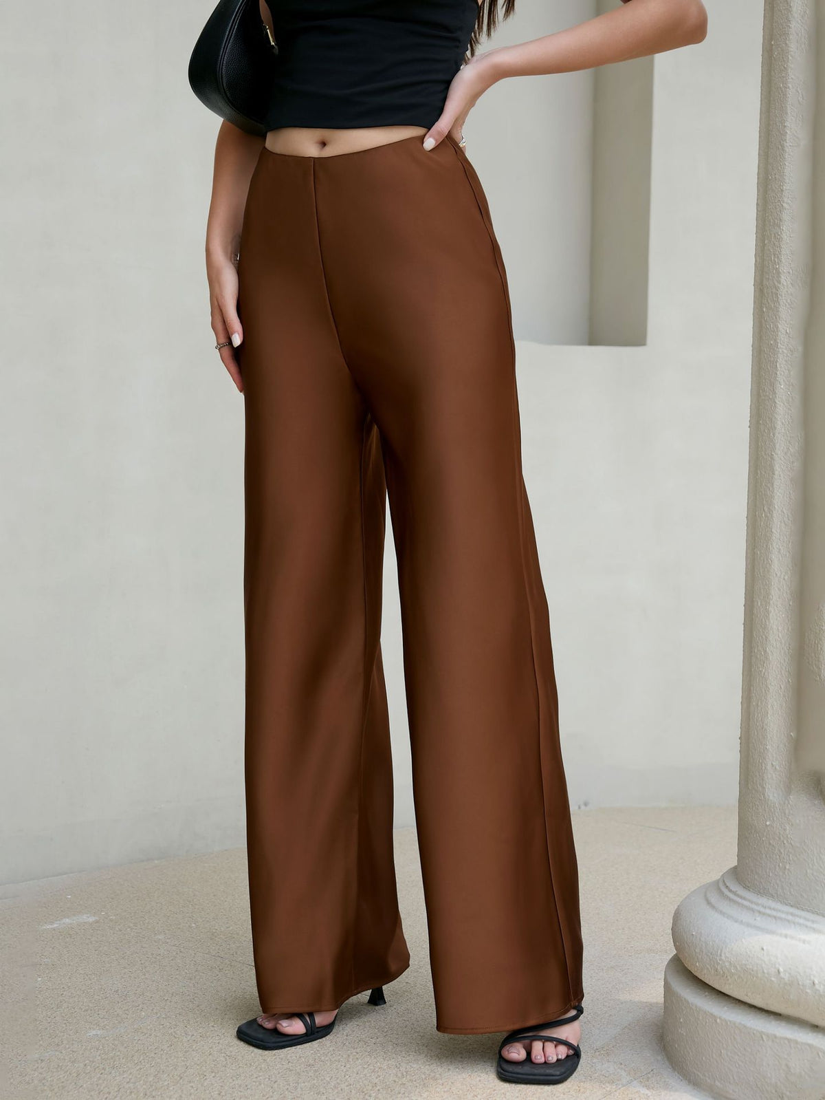 Margo & Main caramel satin wide-leg pants — front view of the high waist and wide leg, US women's sizes