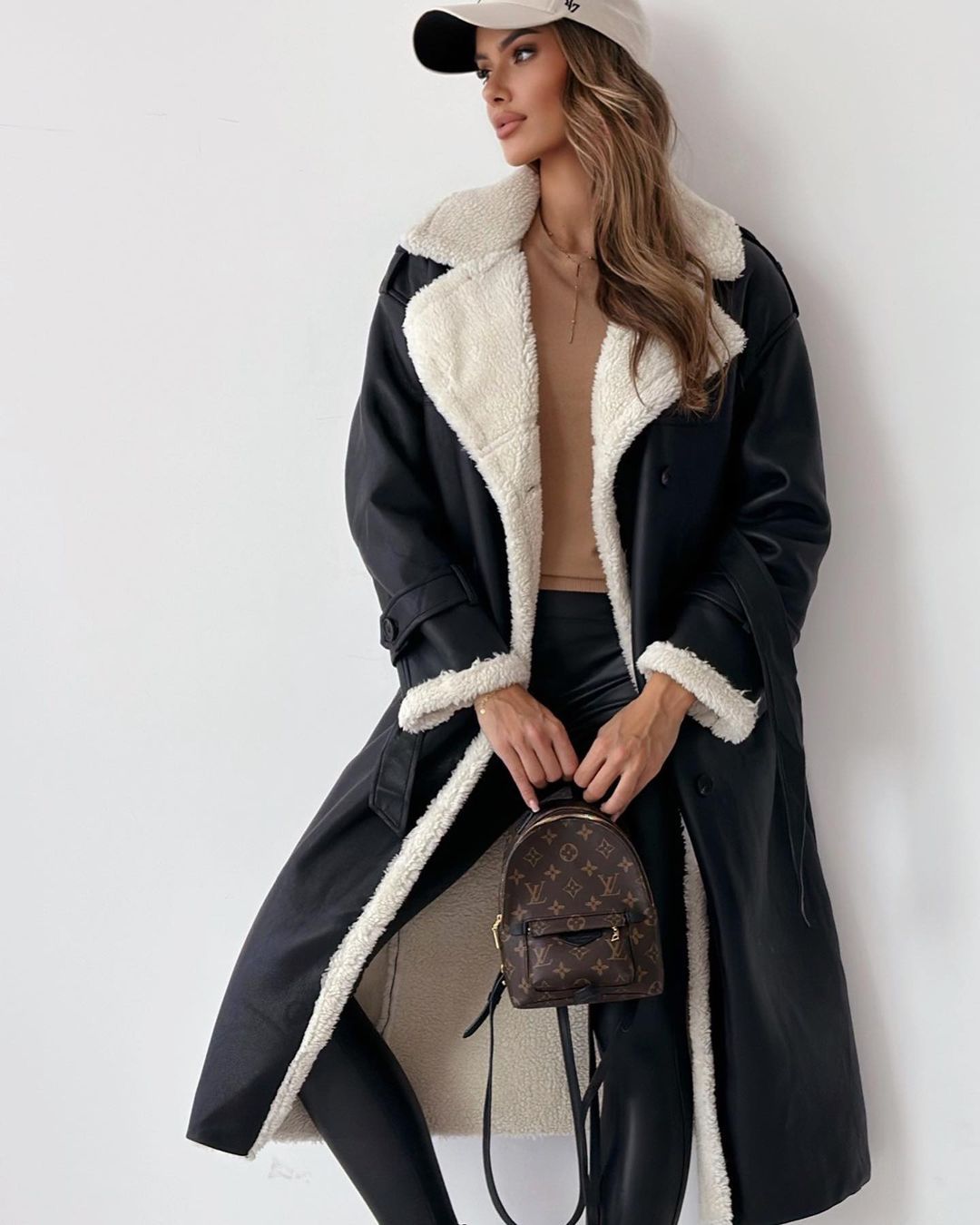 Margo & Main black faux shearling coat — three-quarter view of the wide collar, US women's sizes