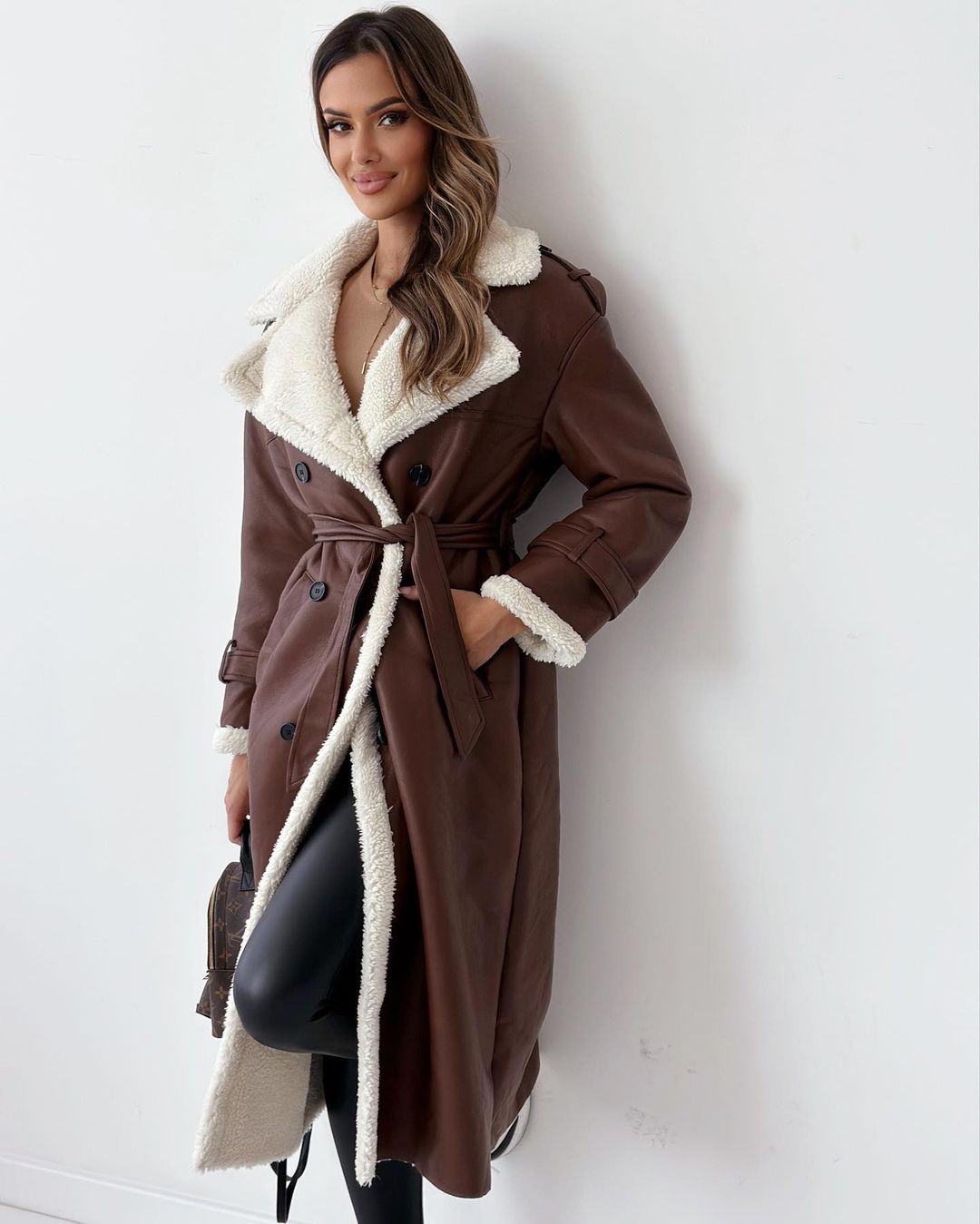 Margo & Main brown faux shearling coat — front view of the collar and cuff trim, US women's sizes
