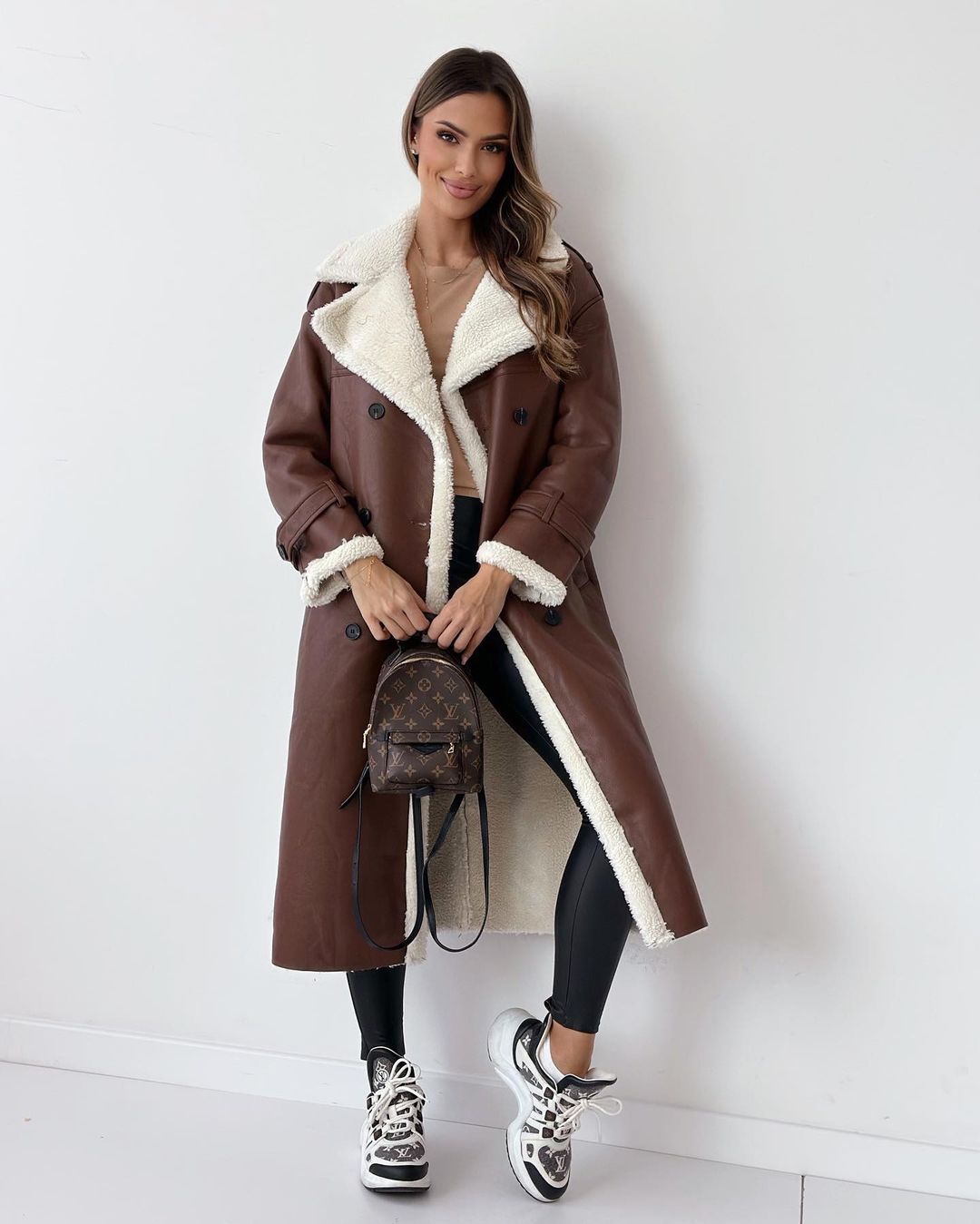 Margo & Main brown faux shearling coat — full-length view of the trimmed edges, US women's sizes