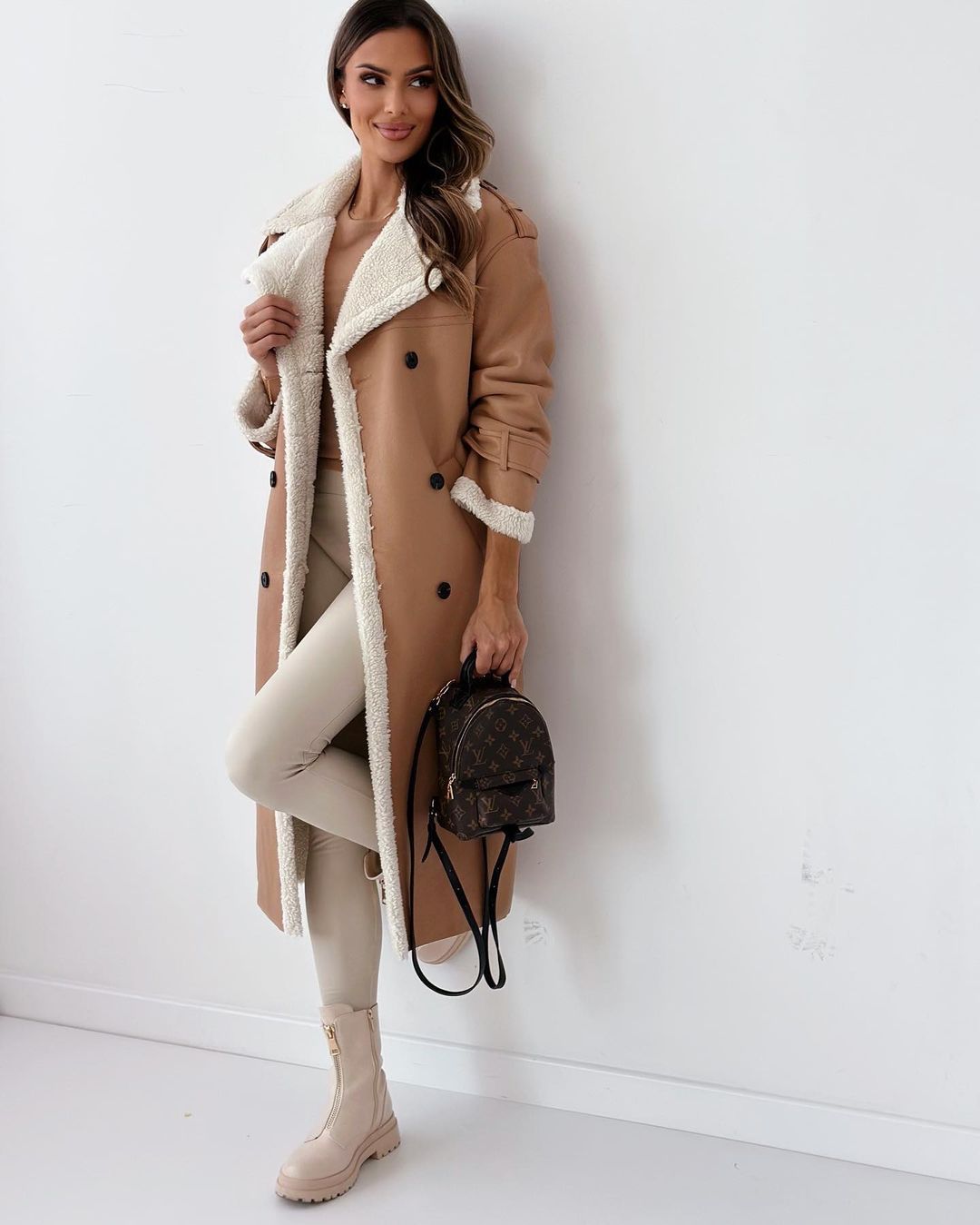 Margo & Main tan faux shearling coat — full-length front view with the belt tied, US women's sizes