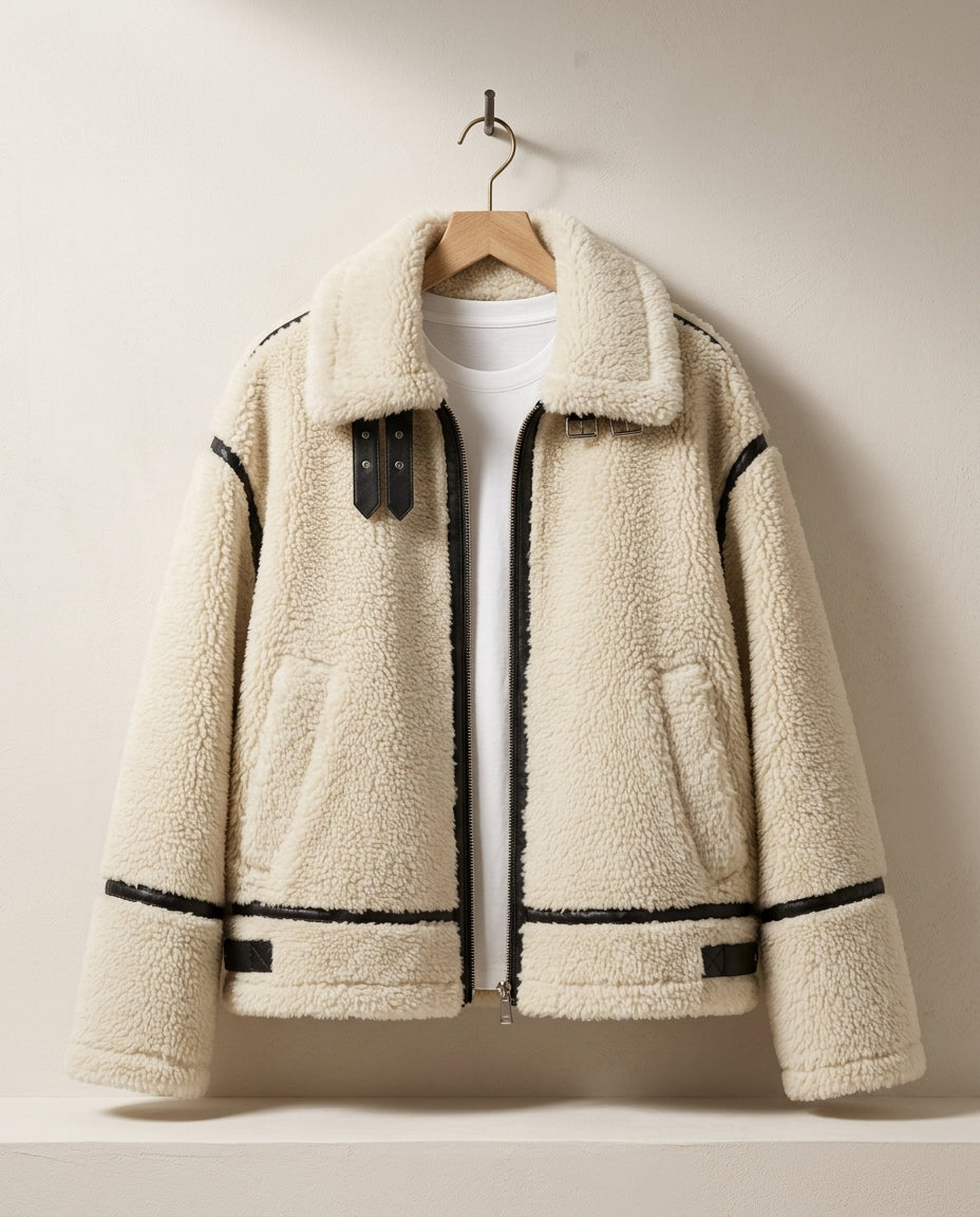Margo & Main cream sherpa aviator jacket — hanger shot of the collar, zip and trim, US women's sizes