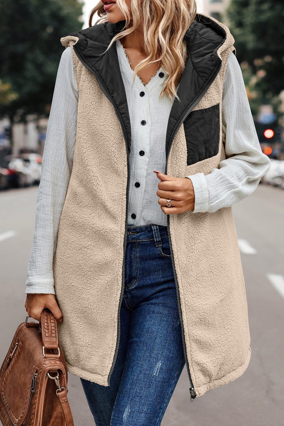Margo & Main cream sherpa lined vest — front view on the sherpa side, black hood out, US women's sizes