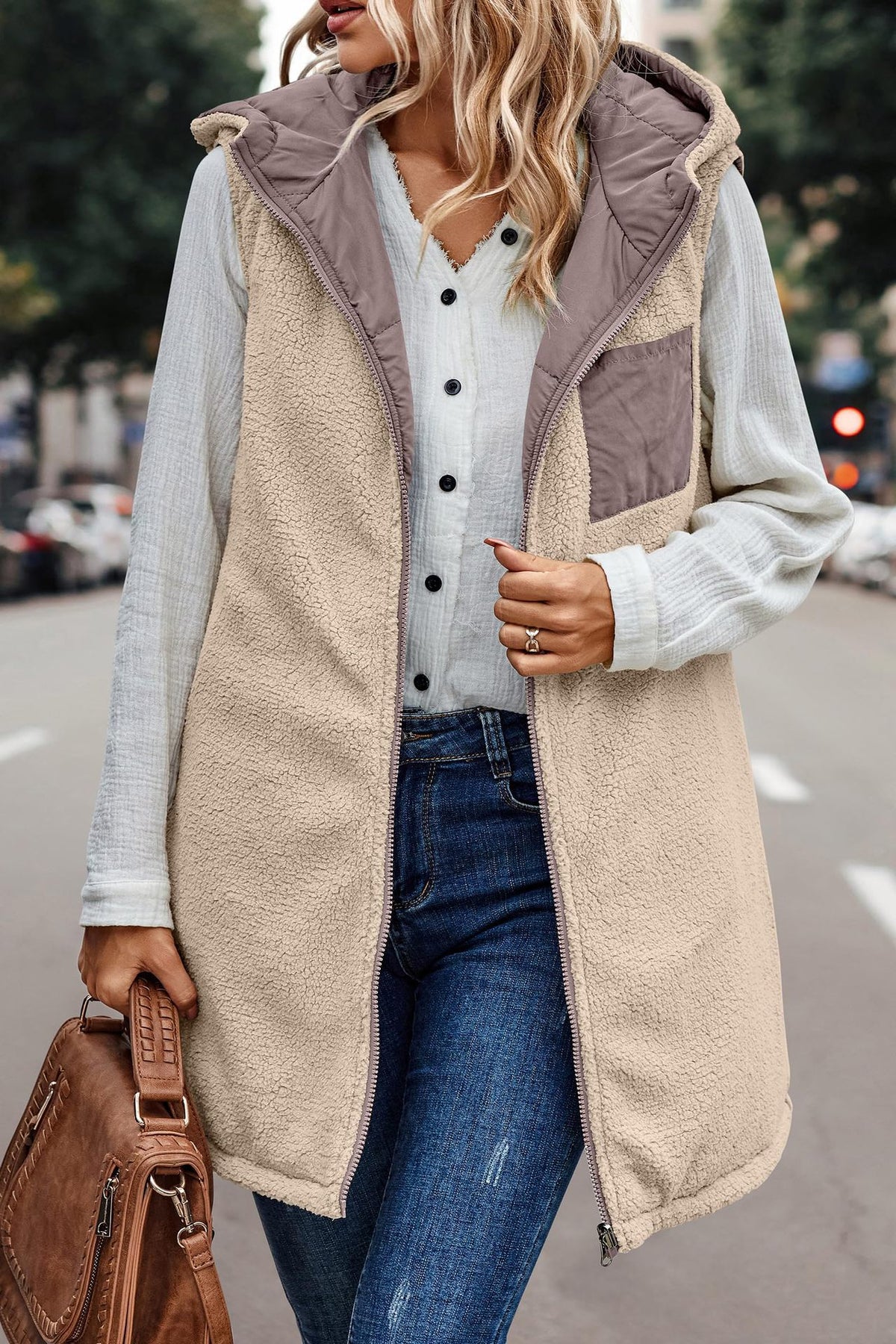 Margo & Main cream sherpa lined vest — front view on the sherpa side with taupe trim, US women's sizes