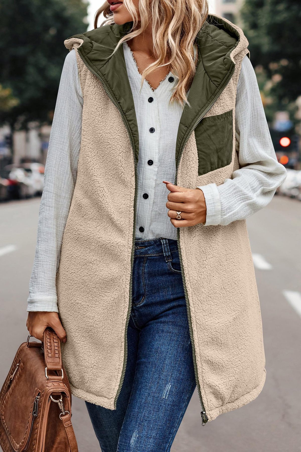Margo & Main cream sherpa lined vest — front view worn on the cream sherpa side, US women's sizes