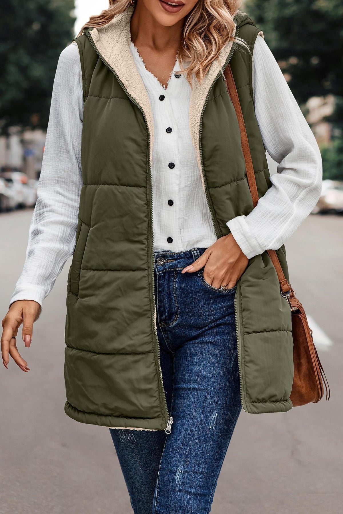 Margo & Main olive sherpa lined vest — three-quarter view with the sherpa collar out, US women's sizes