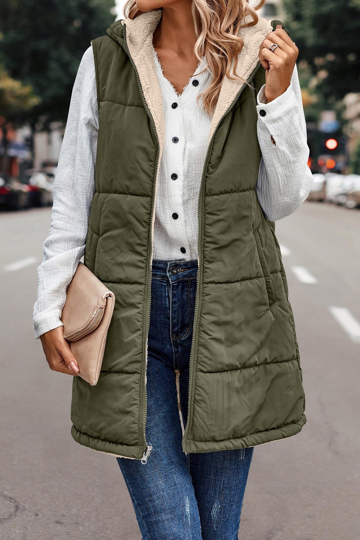 Margo & Main olive sherpa lined vest — front view of the longline body and side zip, US women's sizes