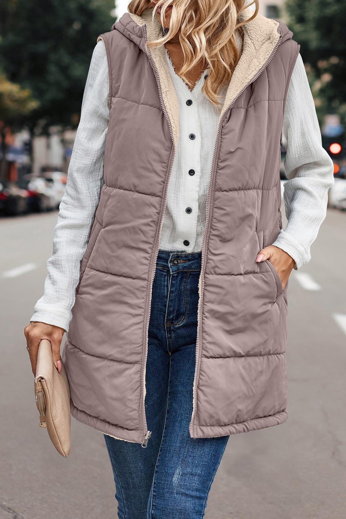 Margo & Main taupe sherpa lined vest — front view of the longline quilted body, US women's sizes