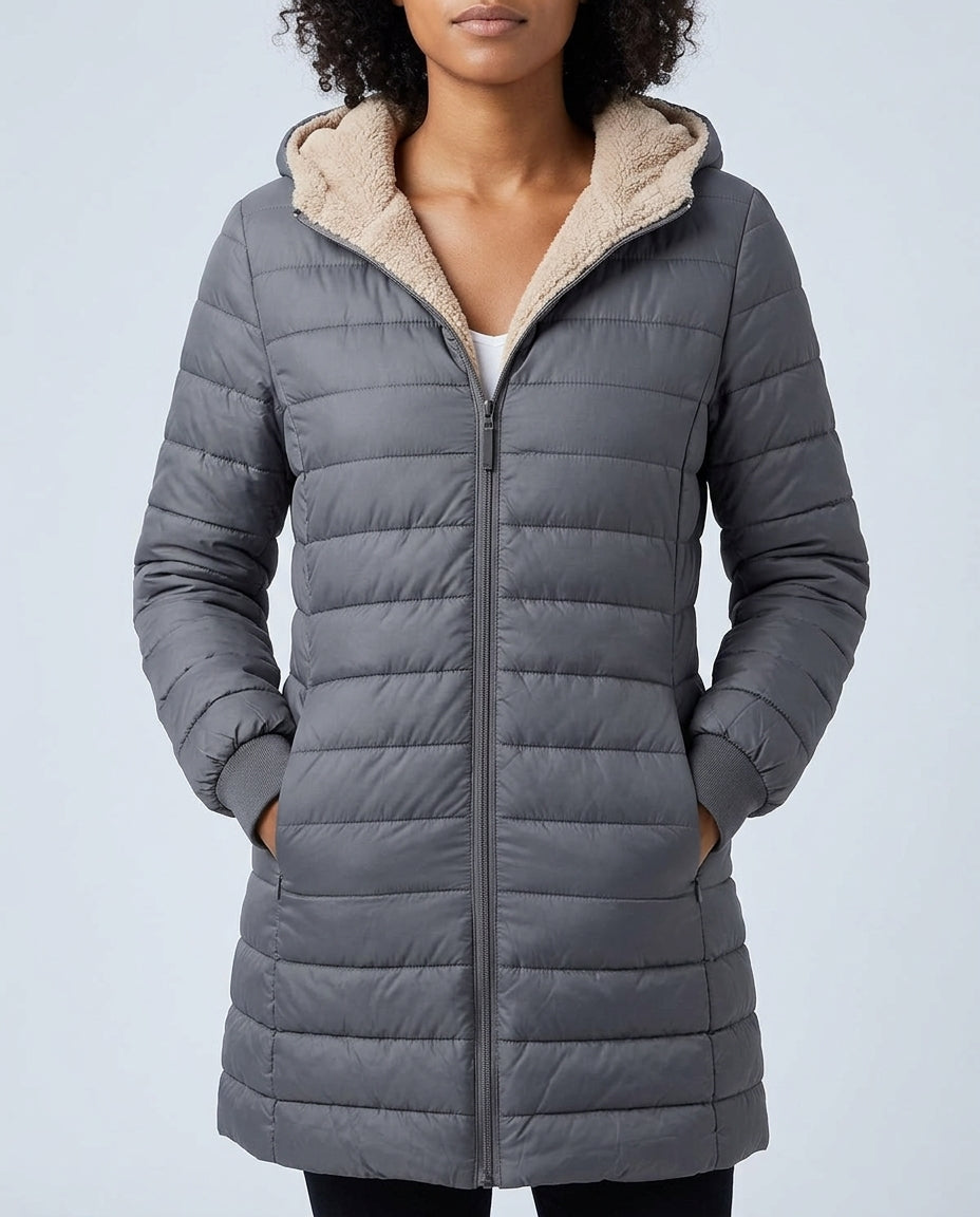 Margo & Main gray sherpa puffer coat — front view of the quilted body and full zip, US women's sizes