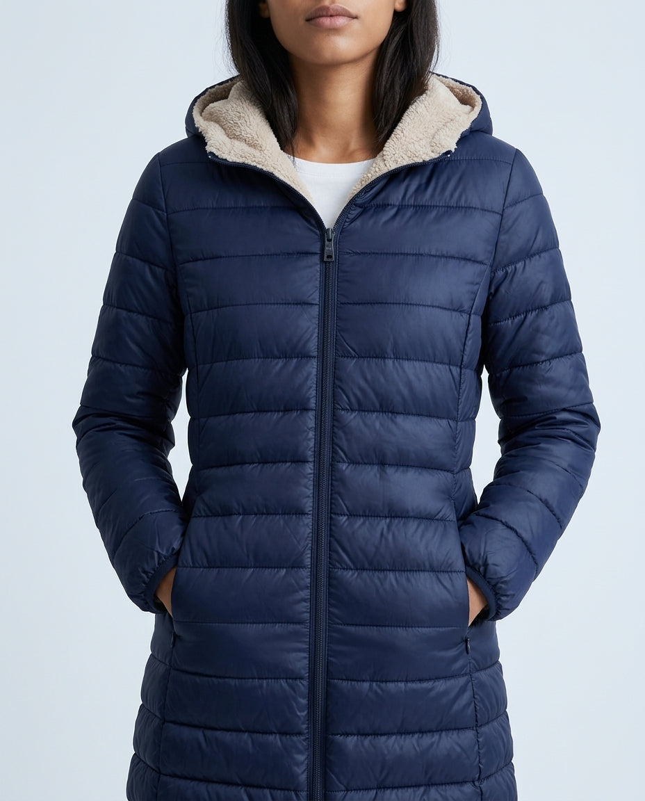 Margo & Main navy sherpa puffer coat — front view with the cream sherpa lined hood, US women's sizes