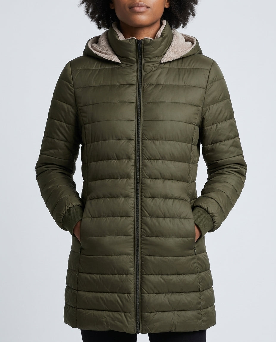 Margo & Main olive sherpa puffer coat — front view with sherpa hood and slant pockets, US women's sizes