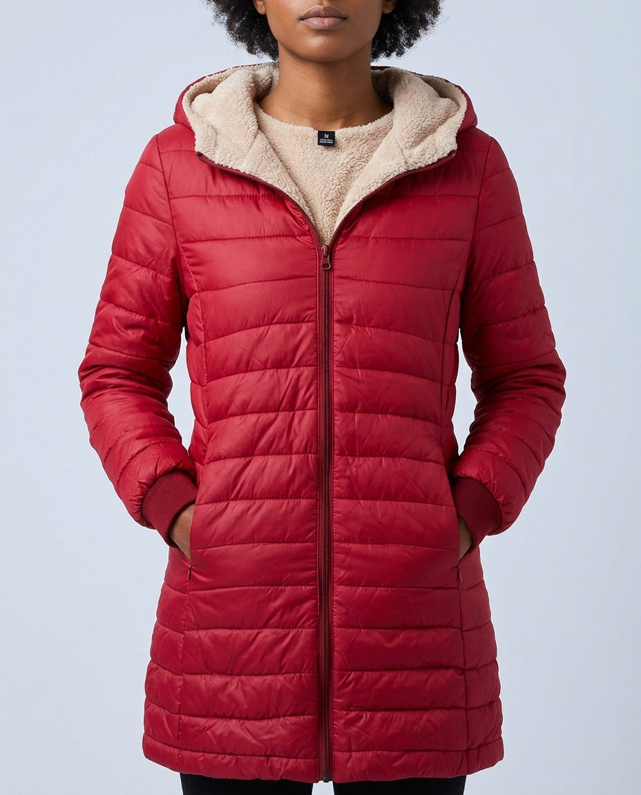 Margo & Main red sherpa puffer coat — front view of the zip front and hood down, US women's sizes