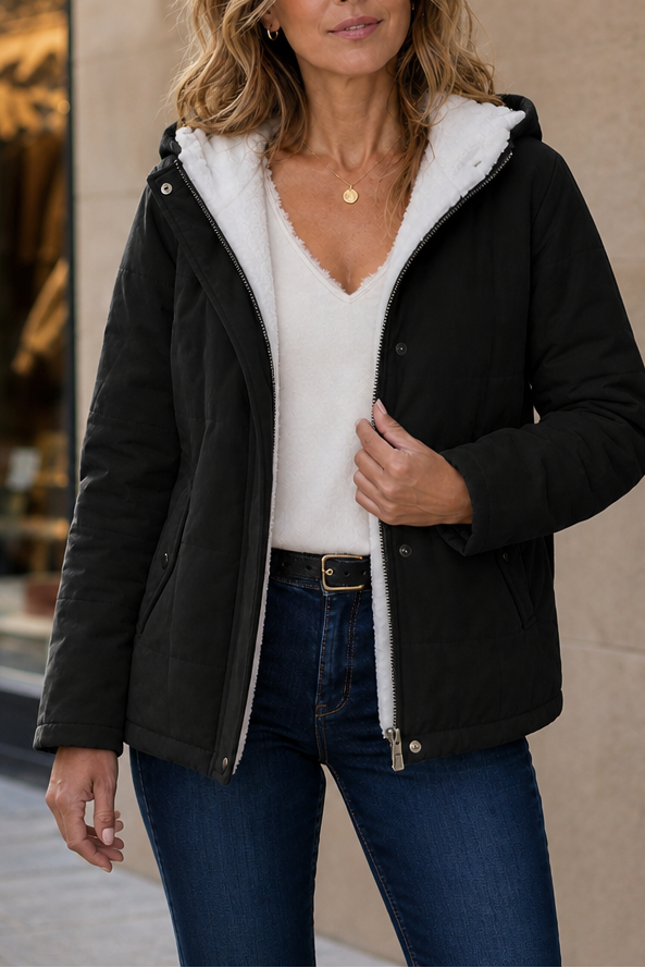 Margo & Main black sherpa quilted jacket — front view with the cream sherpa lining out, US women's sizes