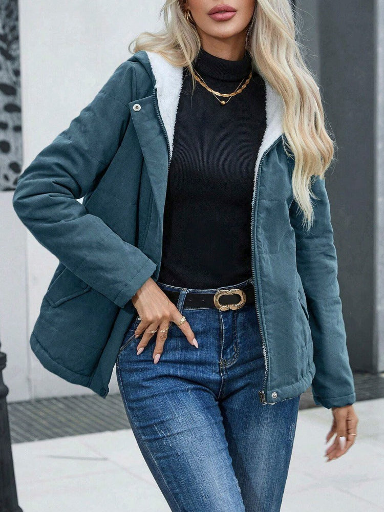 Margo & Main blue sherpa quilted jacket — three-quarter view with a hand on the hip, US women's sizes