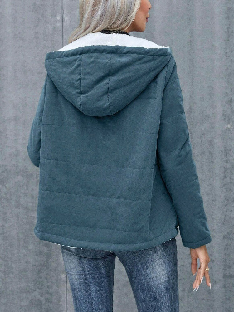 Margo & Main blue sherpa quilted jacket — back view with the hood lying flat, US women's sizes